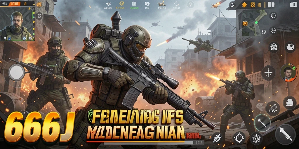 Screenshot utama menampilkan aksi seru dalam gameplay FPS.