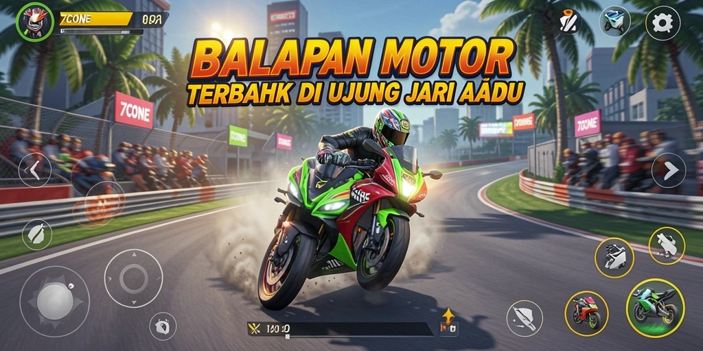 Tampilan gameplay seru balapan motor di 7CONE.