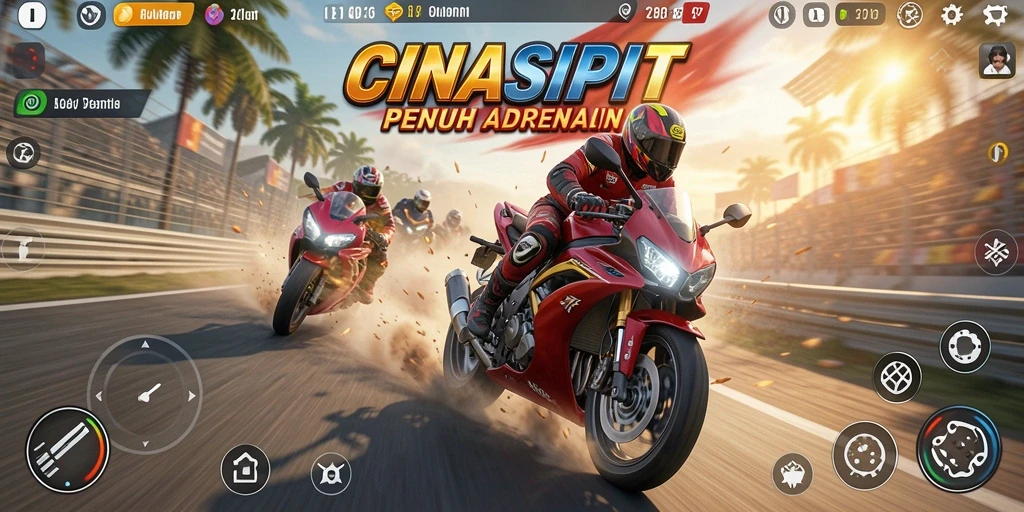 Tampilan gameplay mengesankan di CINASIPIT menghadirkan balapan motor yang seru.