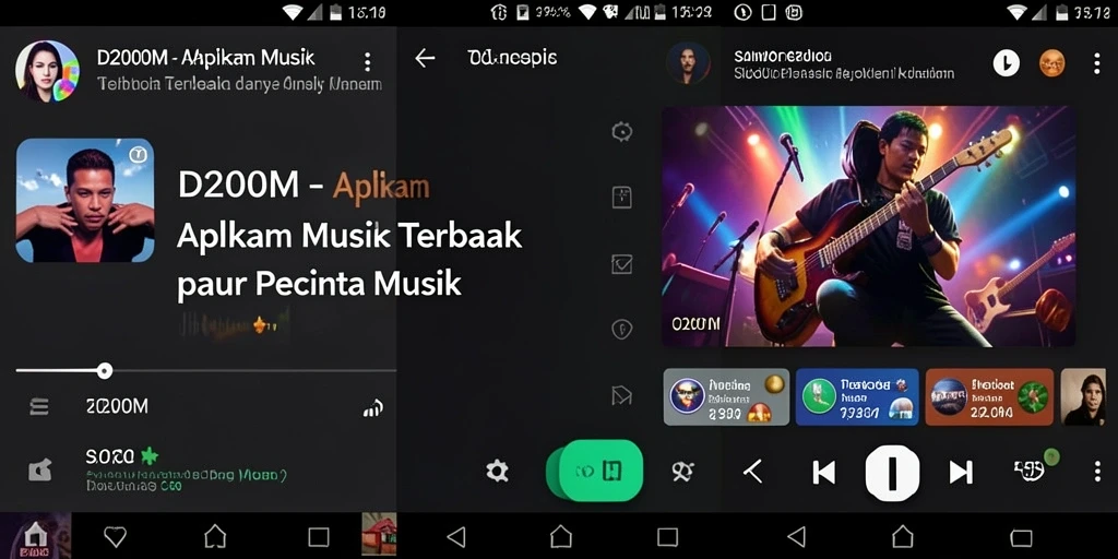 Screenshot D200M menunjukkan antarmuka pengguna yang menarik dalam mendengarkan musik.