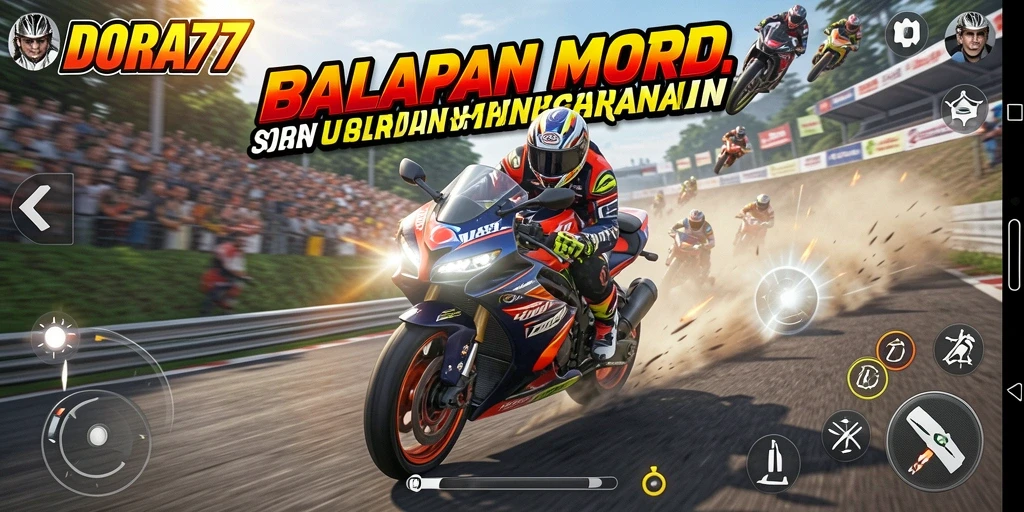 Tampilan gameplay DORA77 yang menampilkan balapan motor yang seru.