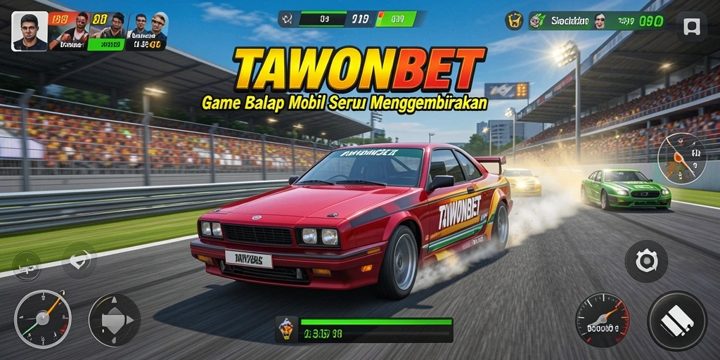 Screenshot gameplay TAWONBET yang menampilkan mobil balap di sirkuit.